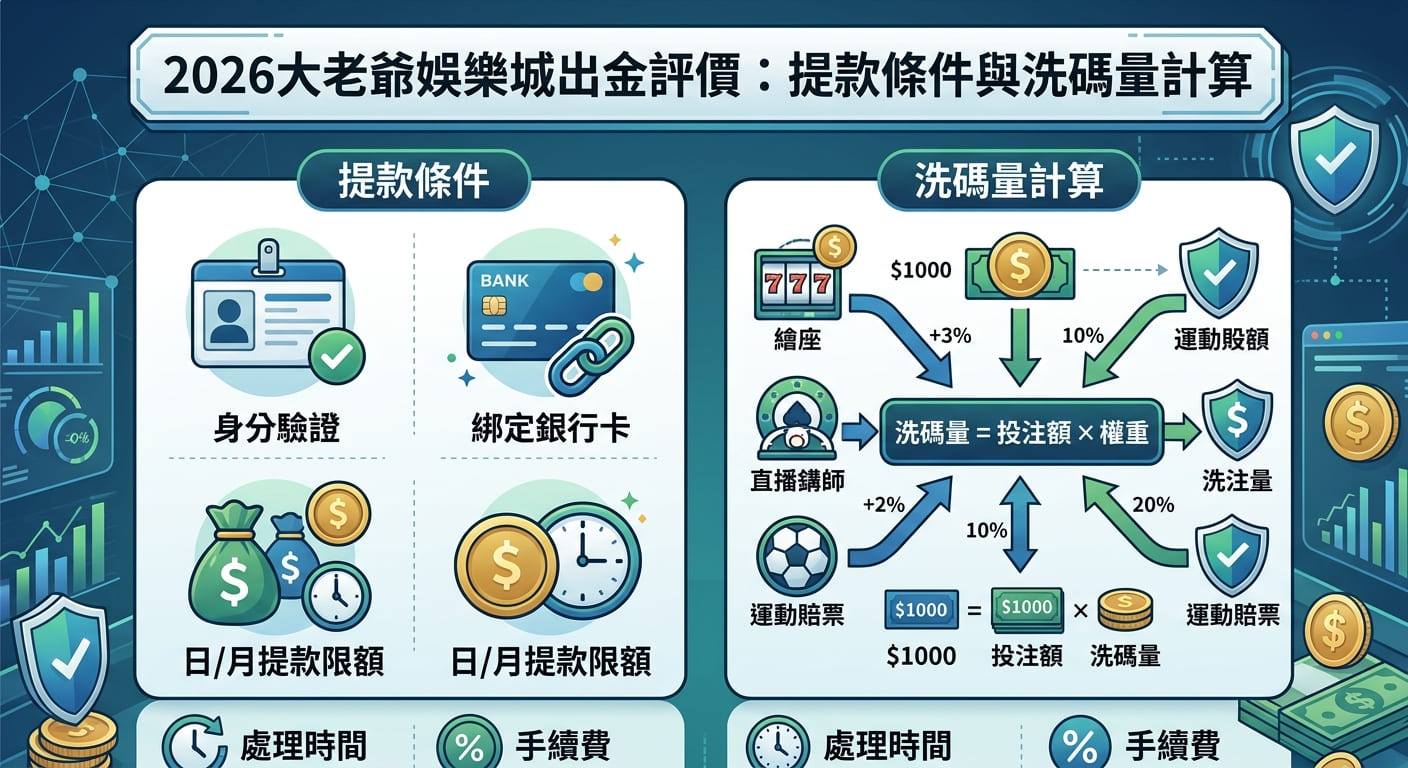 這張圖片採用現代藍綠色調的資訊圖表風格,展示娛樂城出金與提款流程說明。 頂部標題框寫著「2026大老爺娛樂城出金評價:提款條件與洗碼量計算」,下方分為提款條件與洗碼量計算兩大區塊,搭配各類財務與驗證圖示。